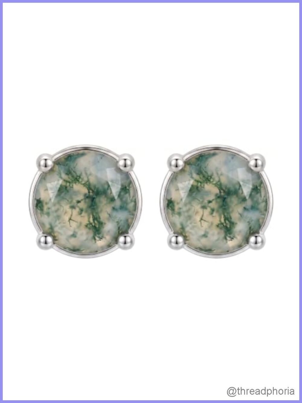 Moss Agate Earrings 925 Sterling Silver Round Green Stone Drop Dangle